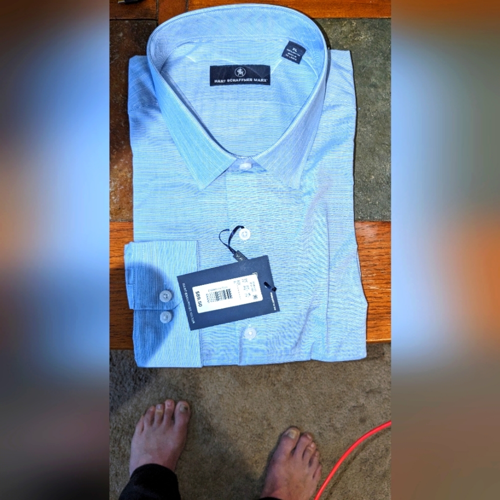 Blue white pin striped dress hsm shirt